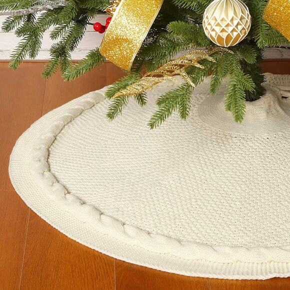 36” Cream Cable Knit Christmas Tree Skirt Thick Rustic Knit with Ties New in Box - Picture 3 of 9